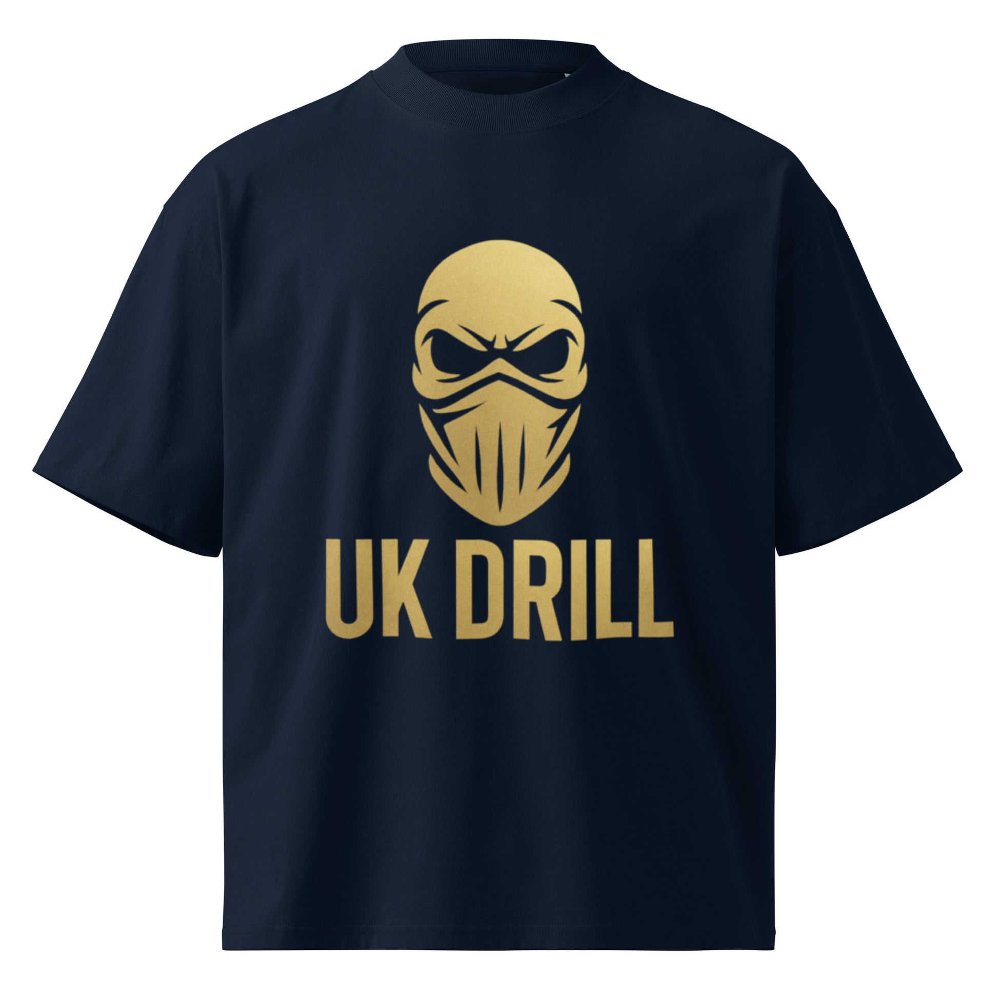 PJ Designs unisex UK drill fashion shirt black tee with gold UK Drill graphic and mask design