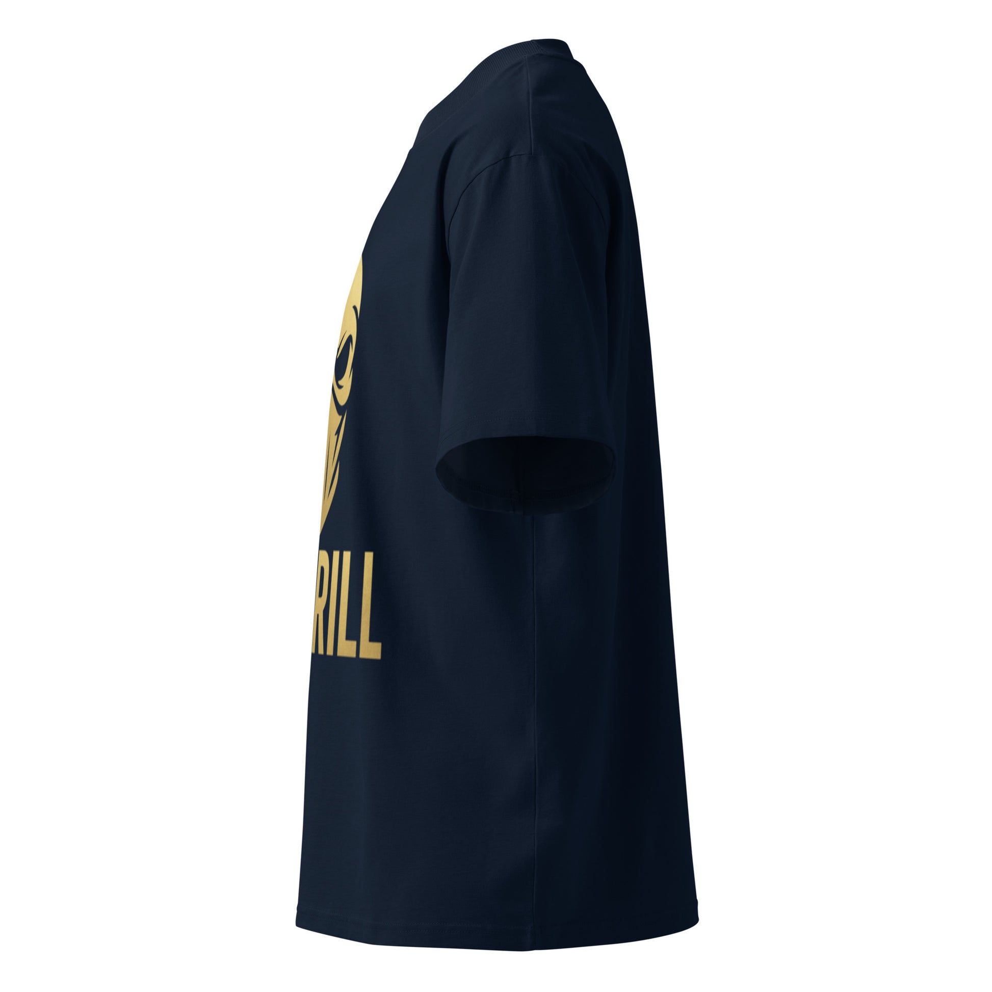 PJ Designs unisex UK drill fashion shirt in black with bold gold graphic on front