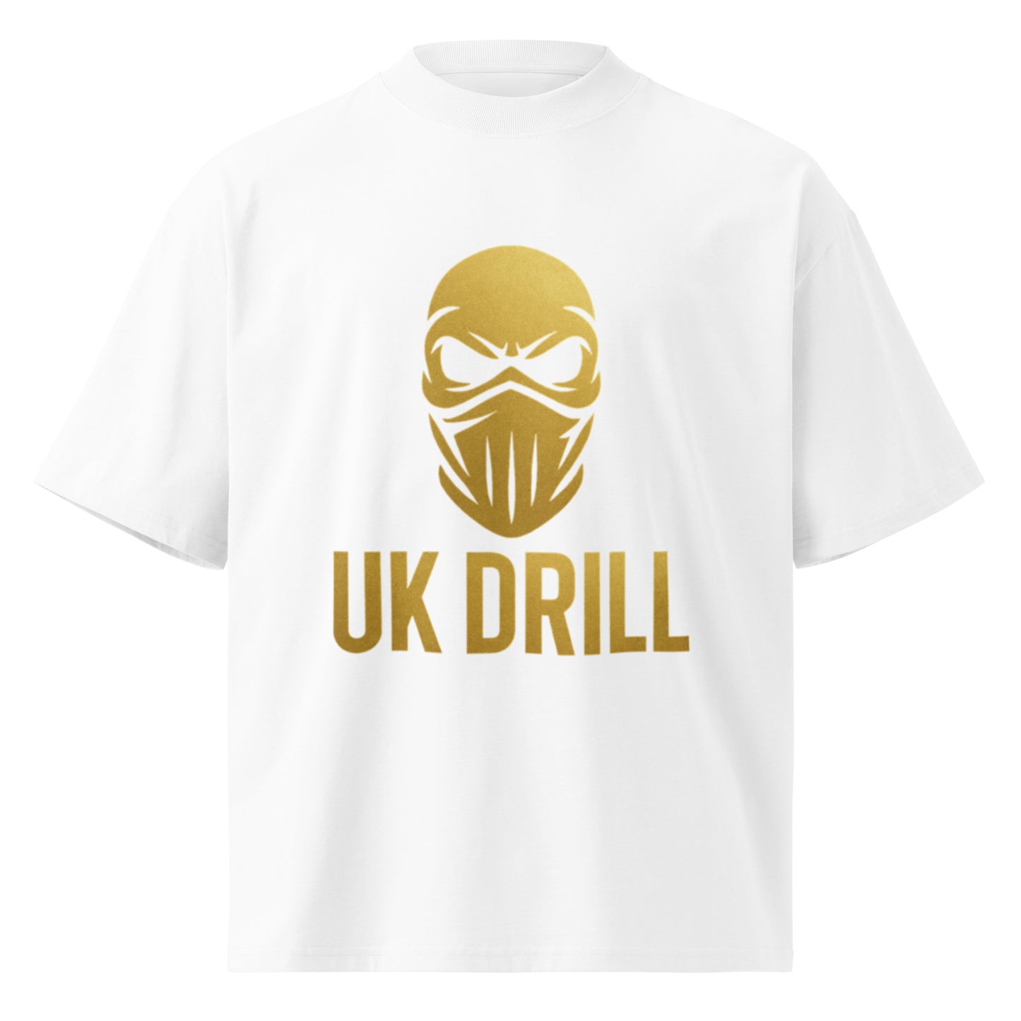 White unisex UK drill fashion shirt by PJ Designs with gold masked face graphic and UK DRILL text