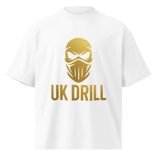 White unisex UK drill fashion shirt by PJ Designs with gold masked face graphic and UK DRILL text