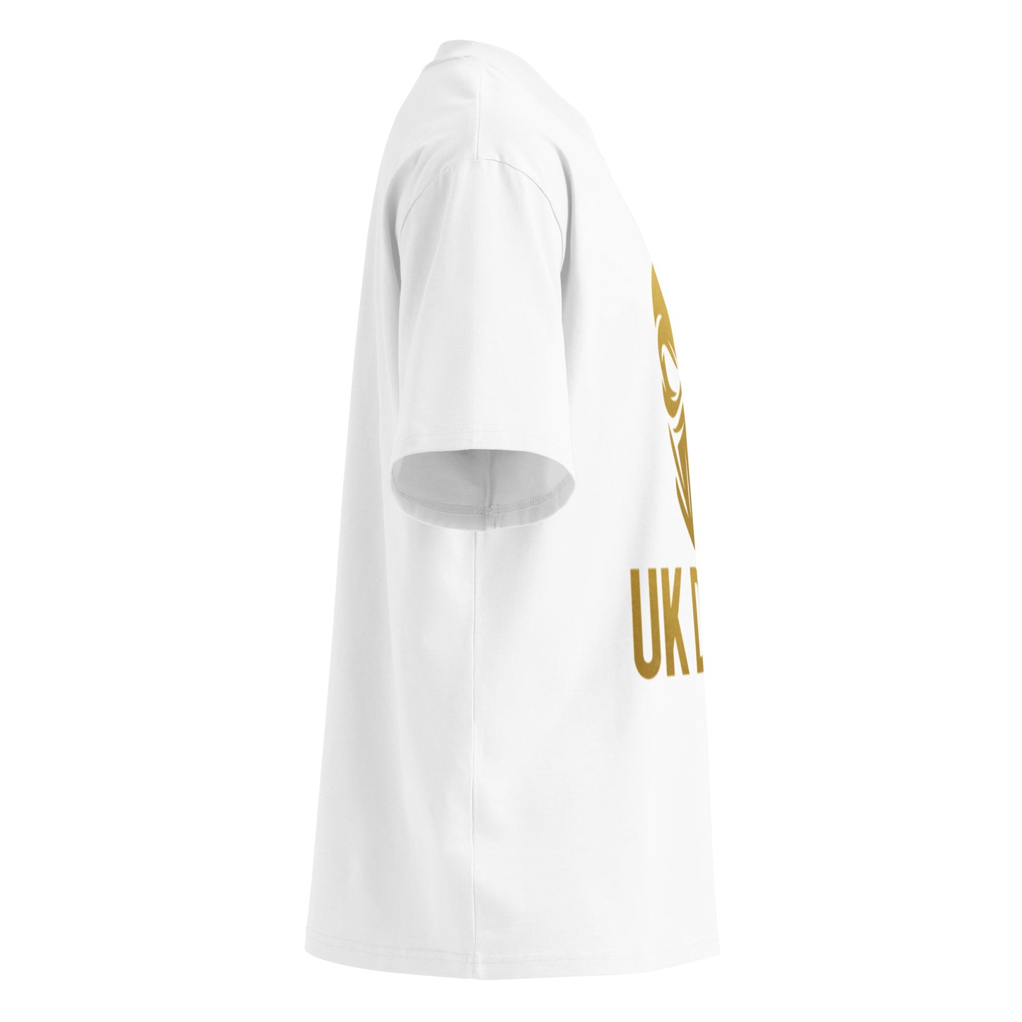 White unisex UK drill fashion shirt by PJ Designs with gold graphic on side view