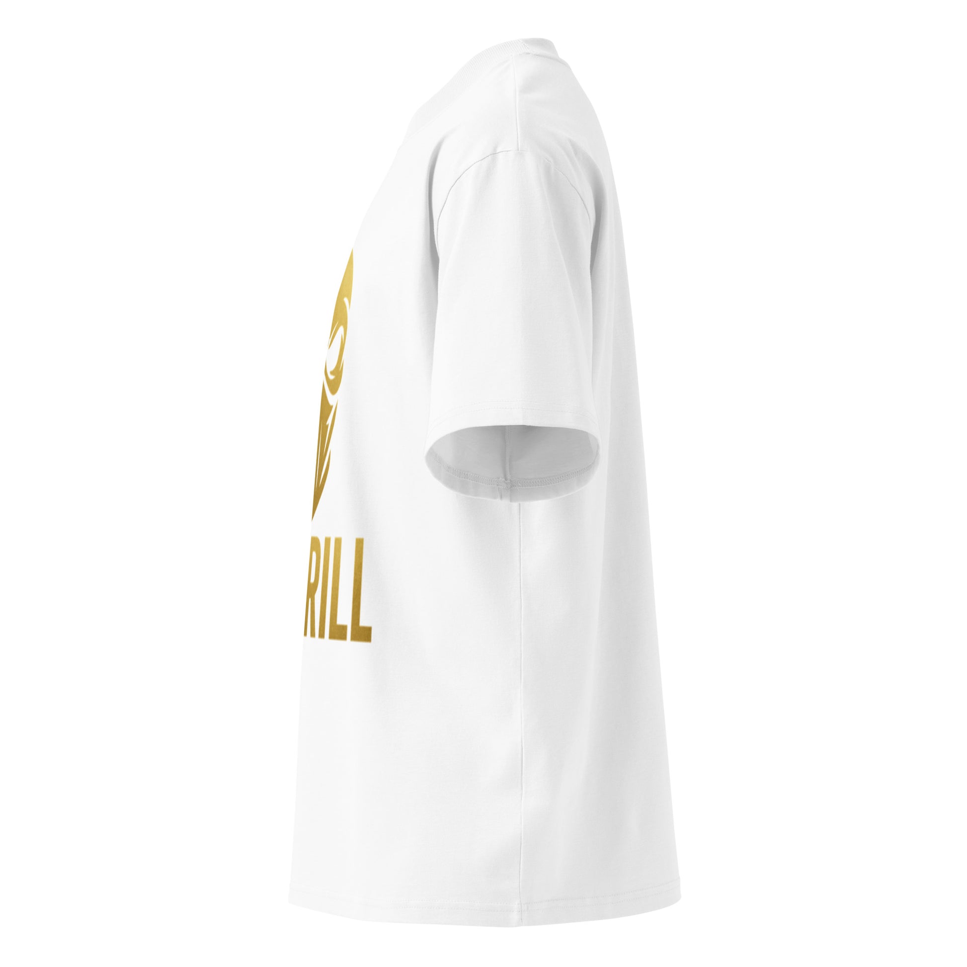 PJ Designs white unisex UK drill fashion shirt with gold graphic on front side