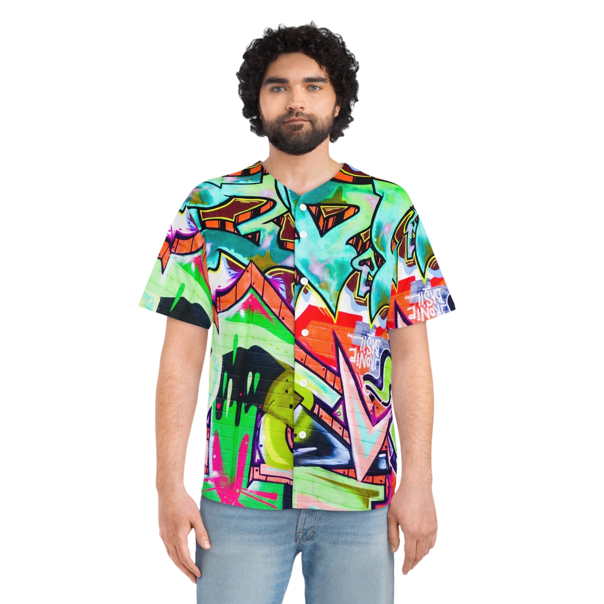 Man wearing colorful urban streetwear sports shirt with graffiti all over prints from Printify