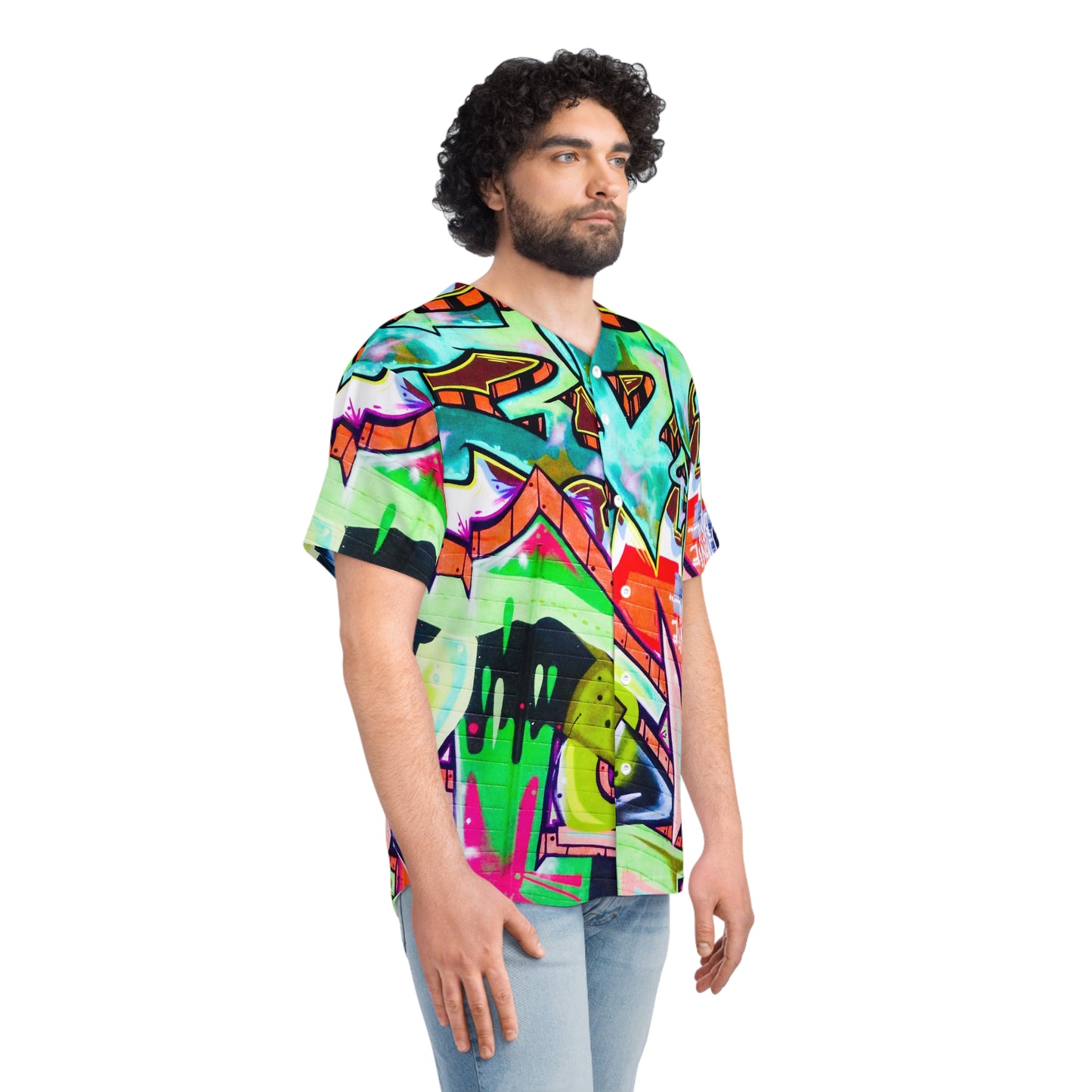 Printify all over prints urban streetwear sports shirt with vibrant graffiti design on male model