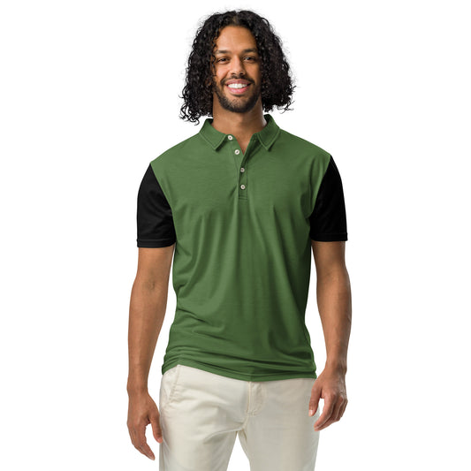 PJ Designs fitted polo for men street style green body with black sleeves on smiling male model