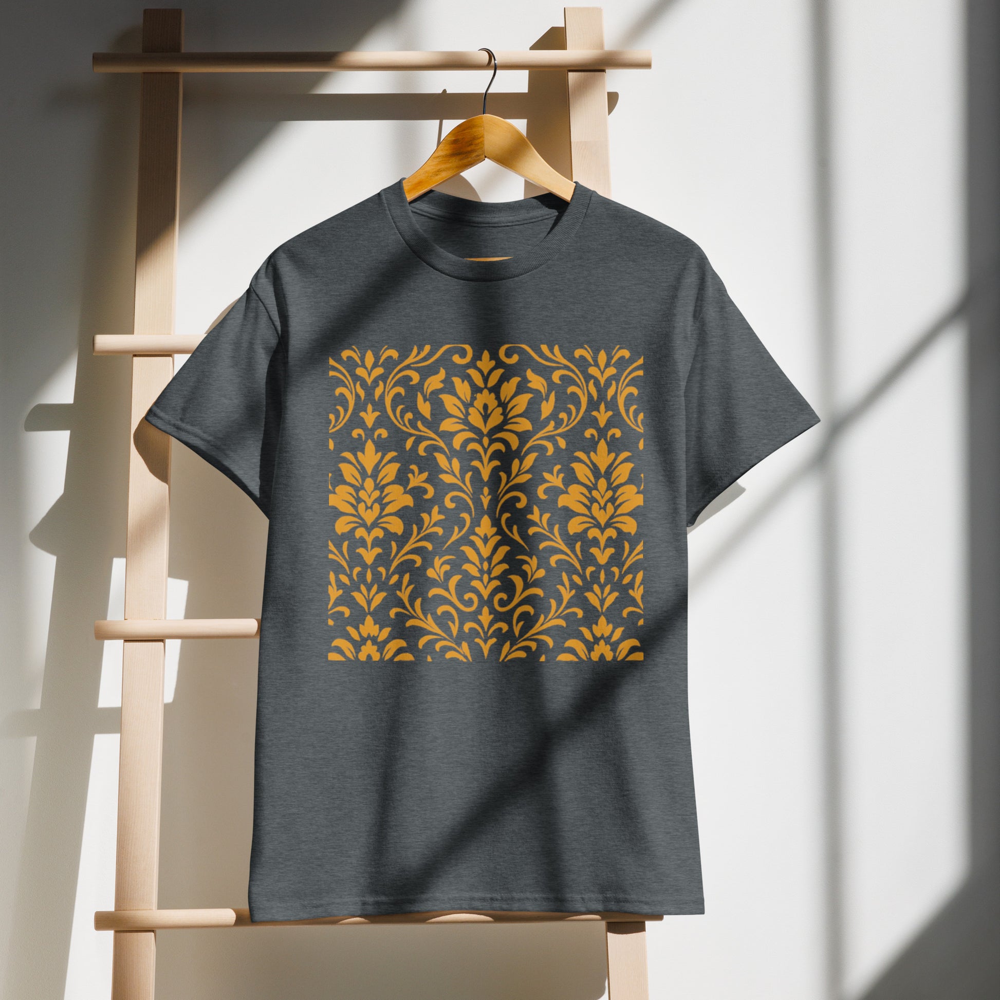 PJ Designs unisex DryBlend t-shirt charcoal gray with gold ornate damask square print on hanger