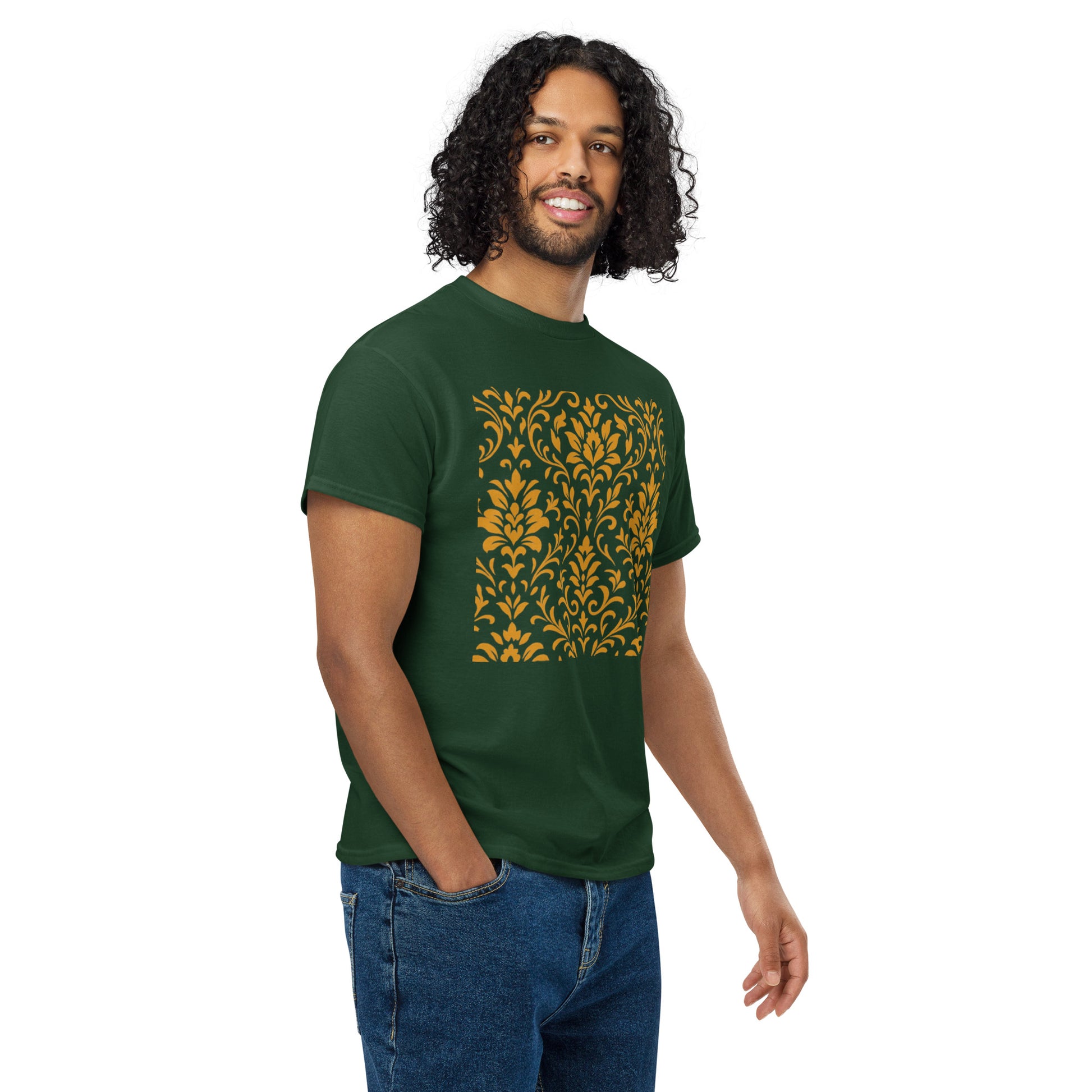 PJ Designs model wearing forest green unisex DryBlend t-shirt with gold damask chest print and blue jeans
