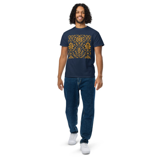 PJ Designs unisex DryBlend t-shirt navy with gold floral square print on smiling male model wearing jeans and sneakers