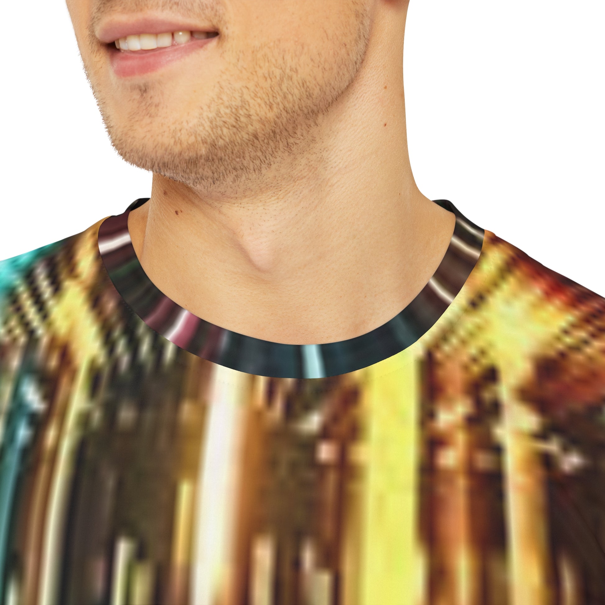 Printify unisex light burst t-shirt on male model close up showing all over print abstract gold and teal light burst design