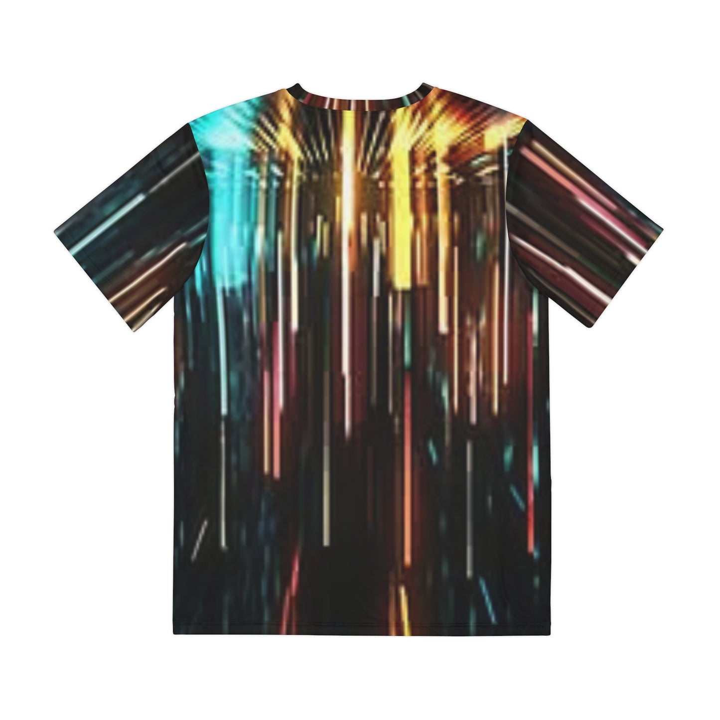 Printify all over print unisex light burst t-shirt with vertical neon teal and amber streaks on black