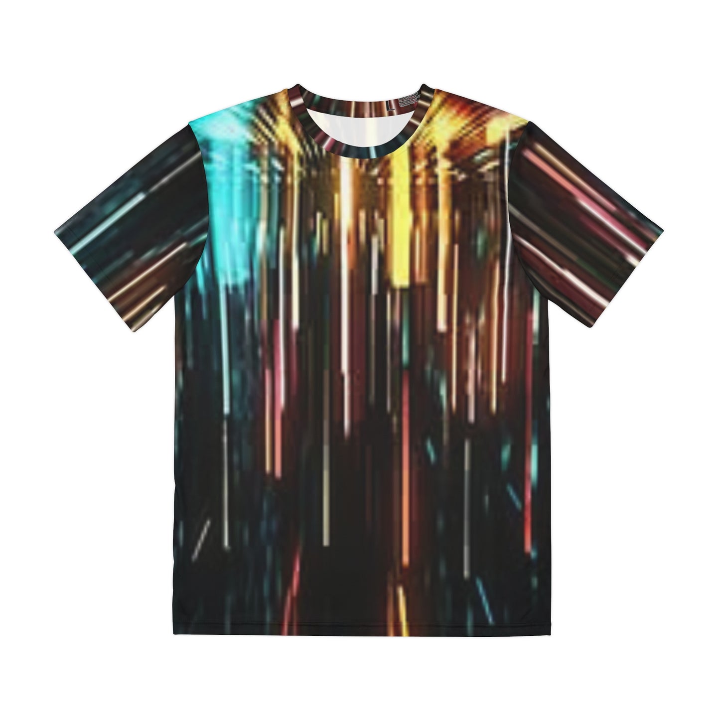 Printify all over print unisex light burst t-shirt with vertical teal gold red light streaks