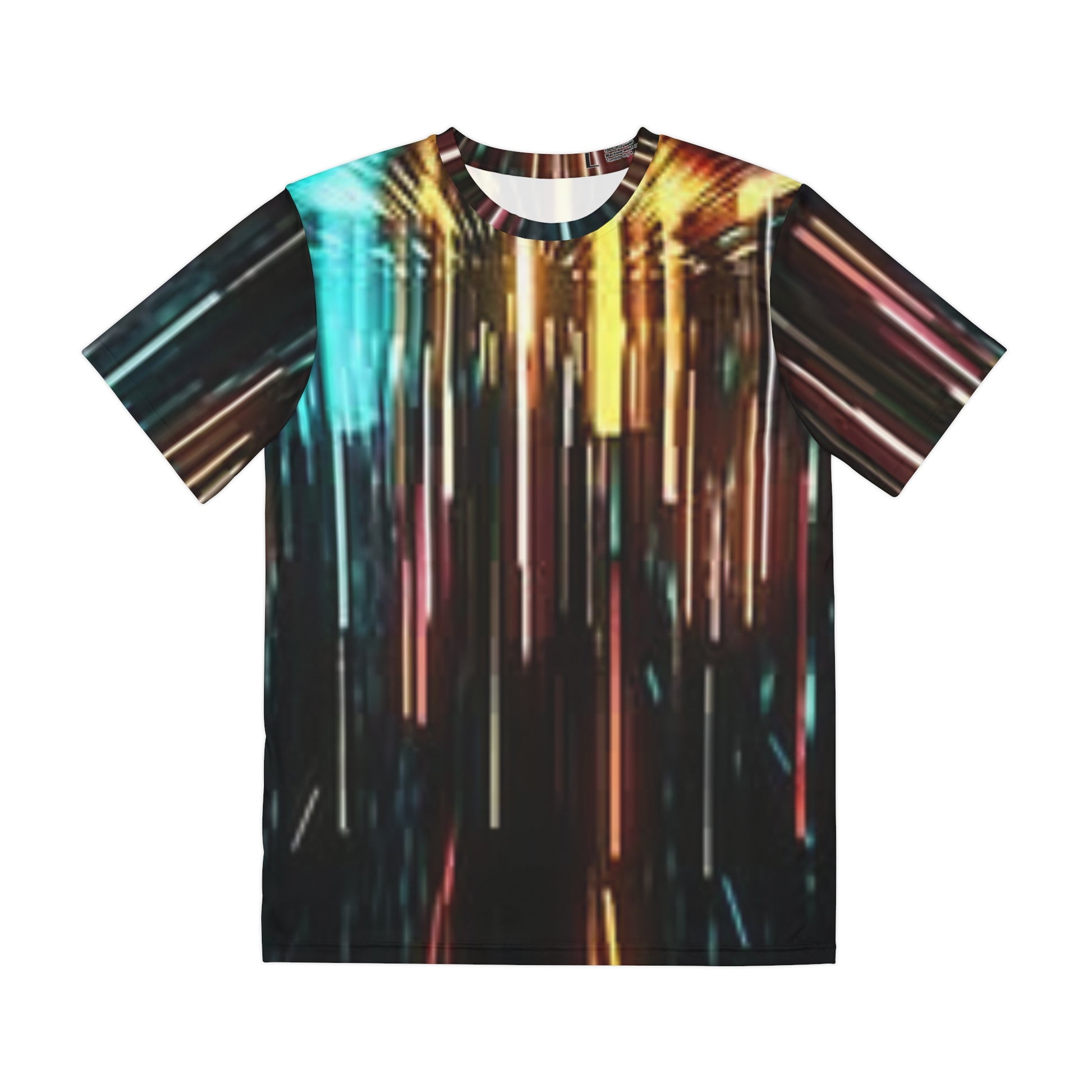 Printify all over print unisex light burst t-shirt with vertical teal gold red light streaks