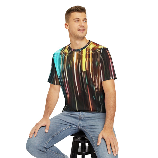 Printify all over print unisex light burst t-shirt showing colorful vertical light streaks on a seated model