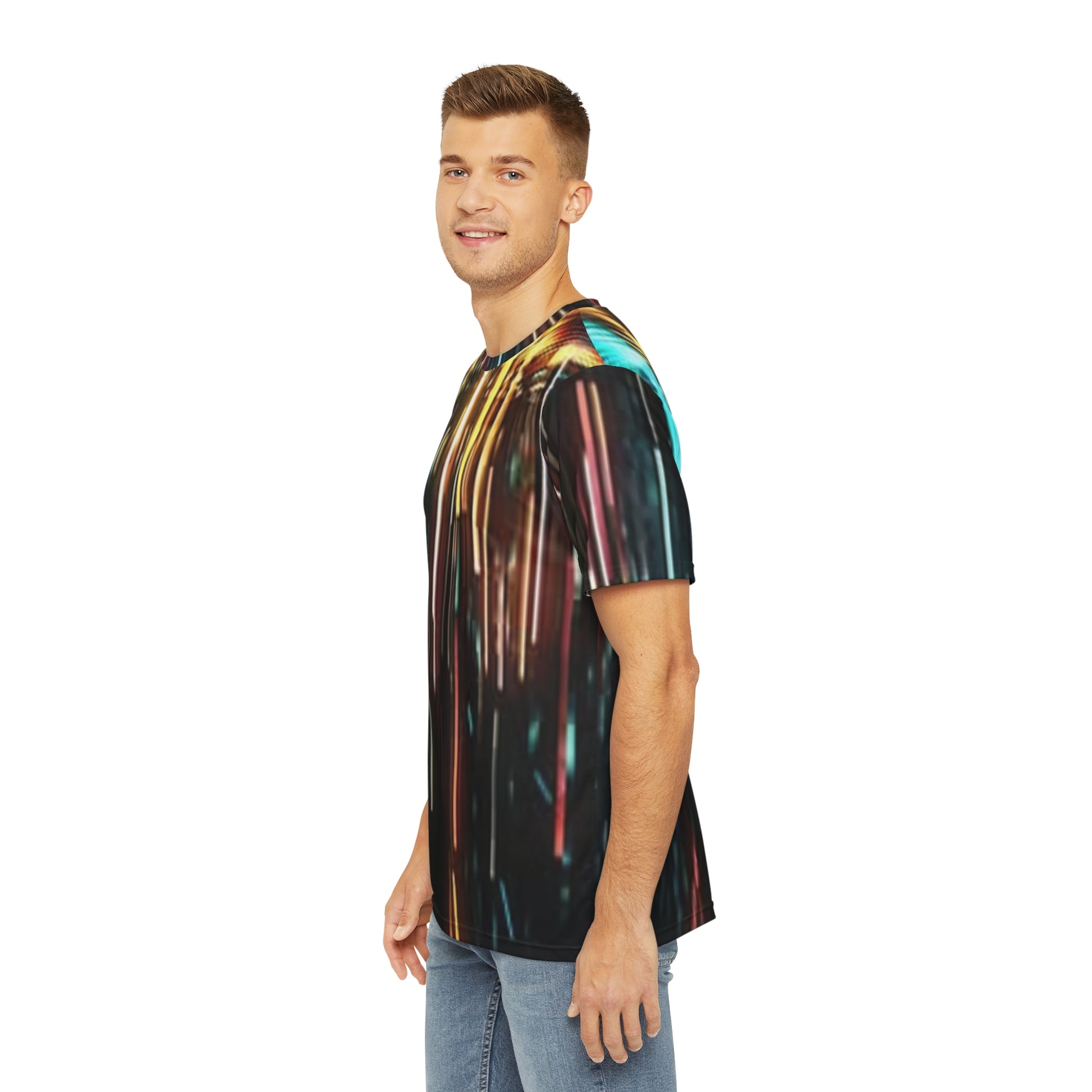 Printify all over prints unisex light burst t-shirt on male model side view with multicolor streaks