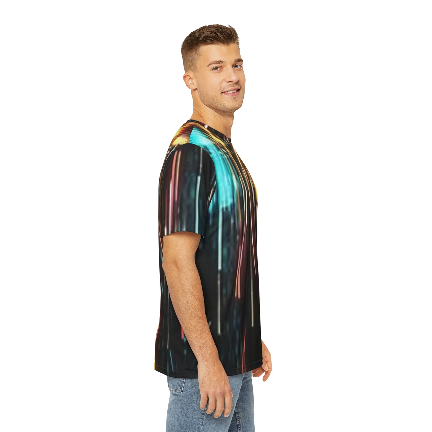 Male model side view wearing Printify unisex light burst t-shirt with colorful vertical neon streaks on black