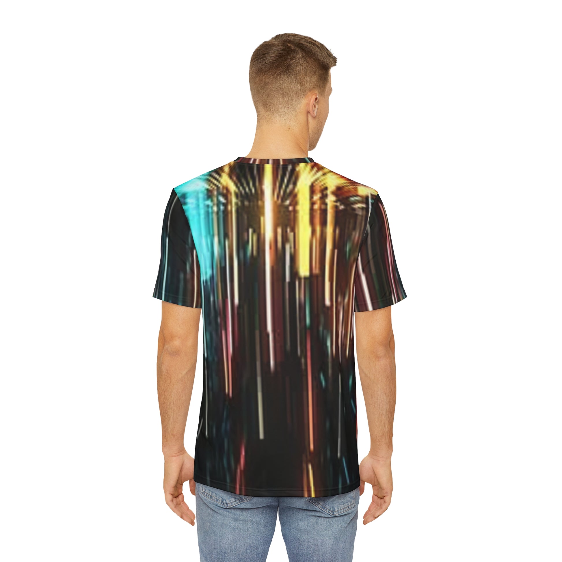 Back view of Printify unisex light burst t-shirt all over print with vertical colorful light streaks on black