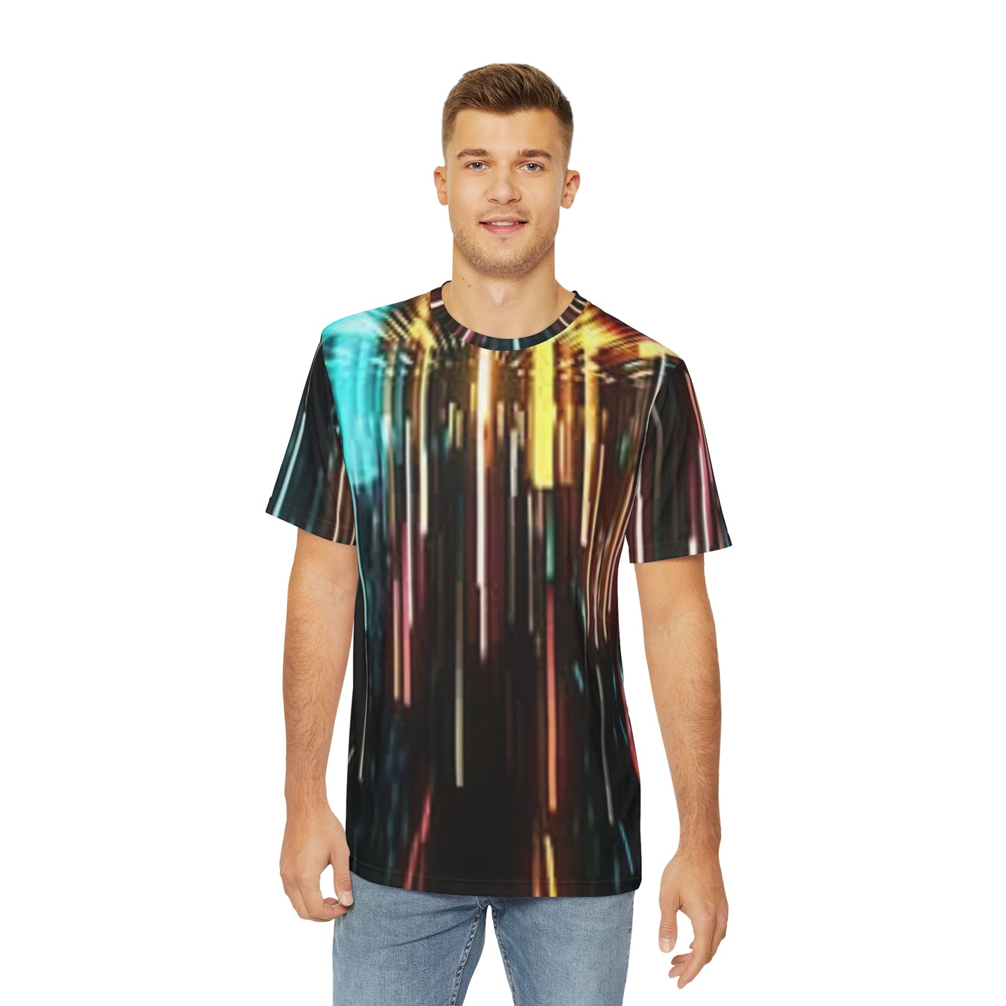 Printify all over print featuring a male model wearing a unisex light burst t-shirt with multicolor vertical light streaks