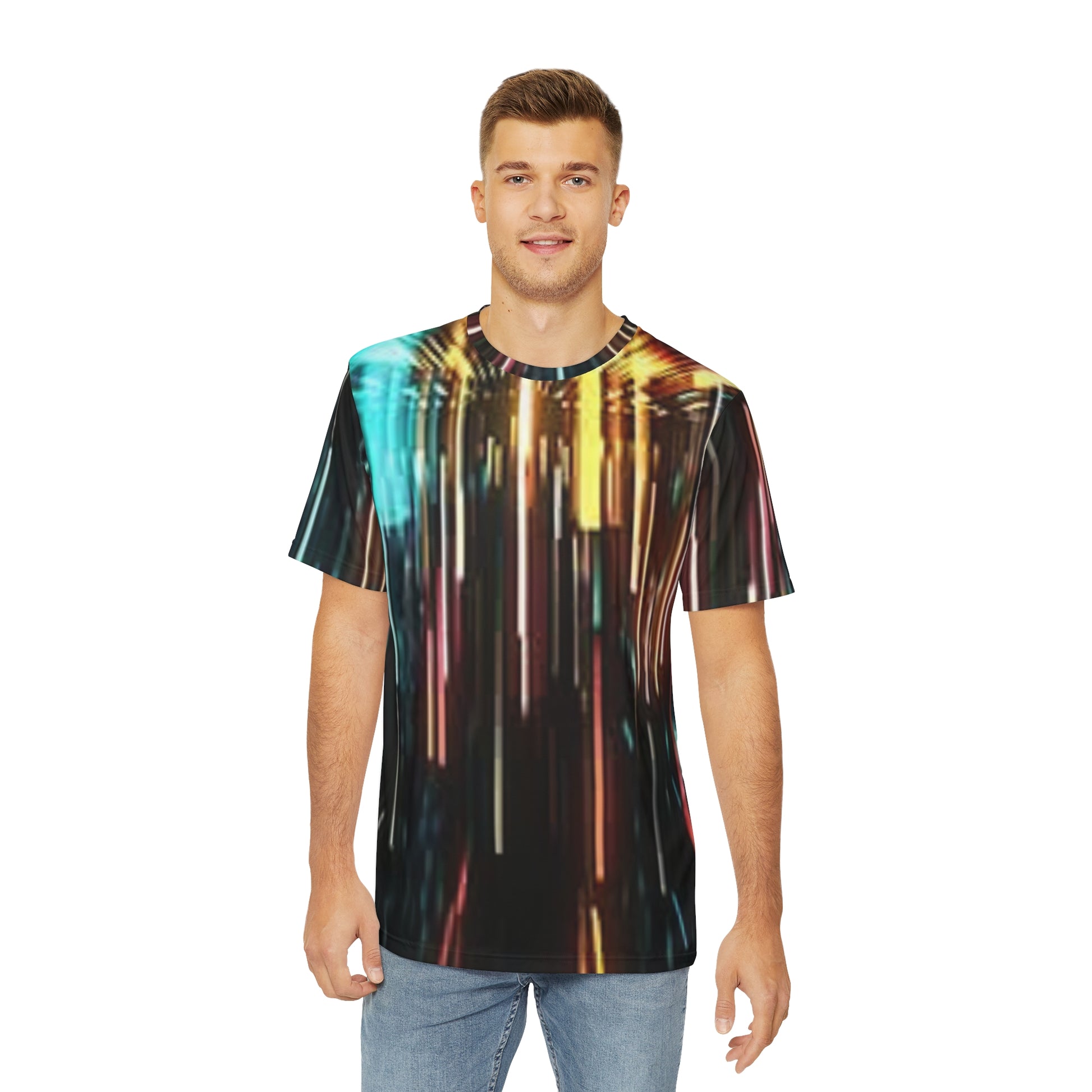 Printify all over print featuring a male model wearing a unisex light burst t-shirt with multicolor vertical light streaks
