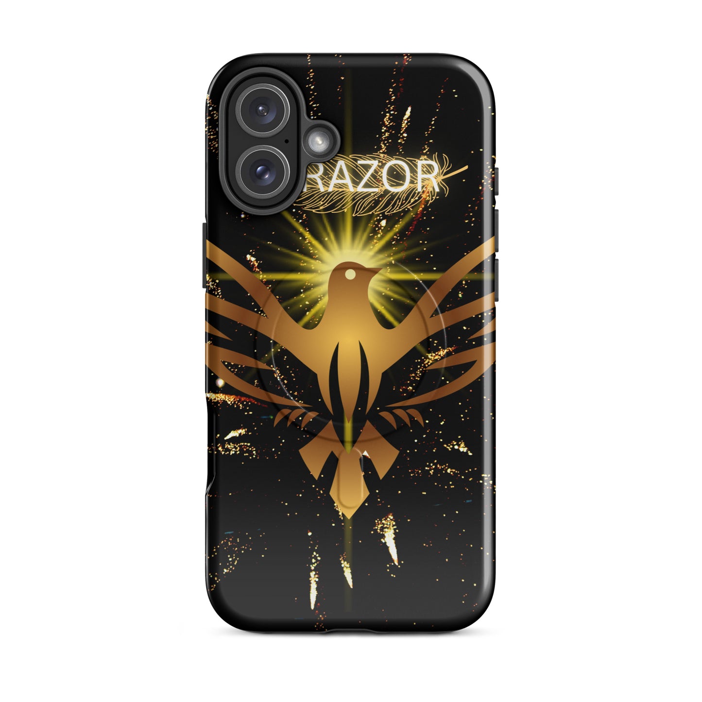 PJ Designs durable iPhone case with MagSafe compatibility featuring gold phoenix design on black background