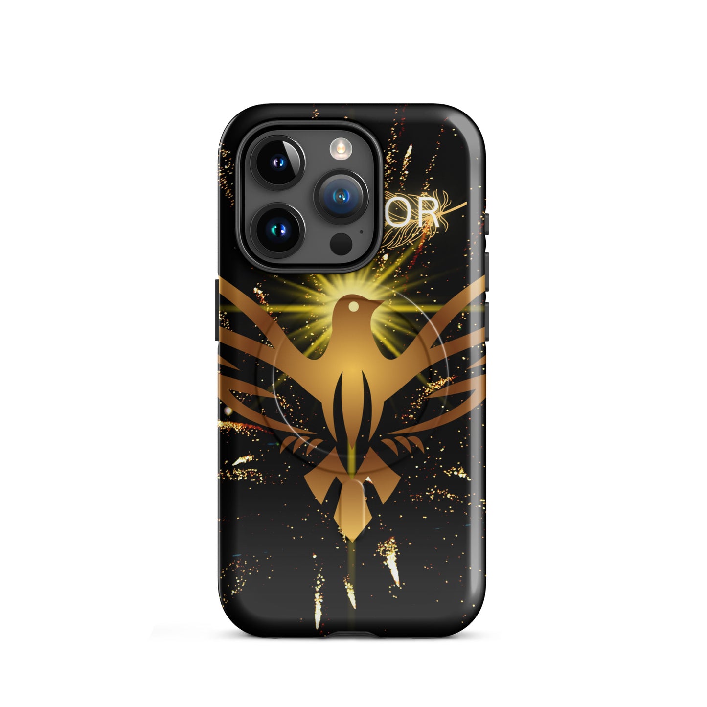 PJ Designs durable iPhone case with MagSafe compatibility featuring a gold phoenix design on black background