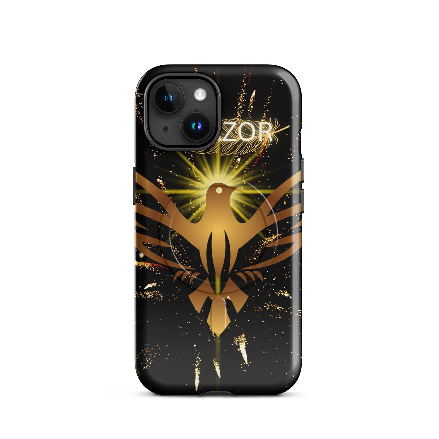 Durable iPhone case with MagSafe compatibility by PJ Designs featuring a black and gold phoenix design