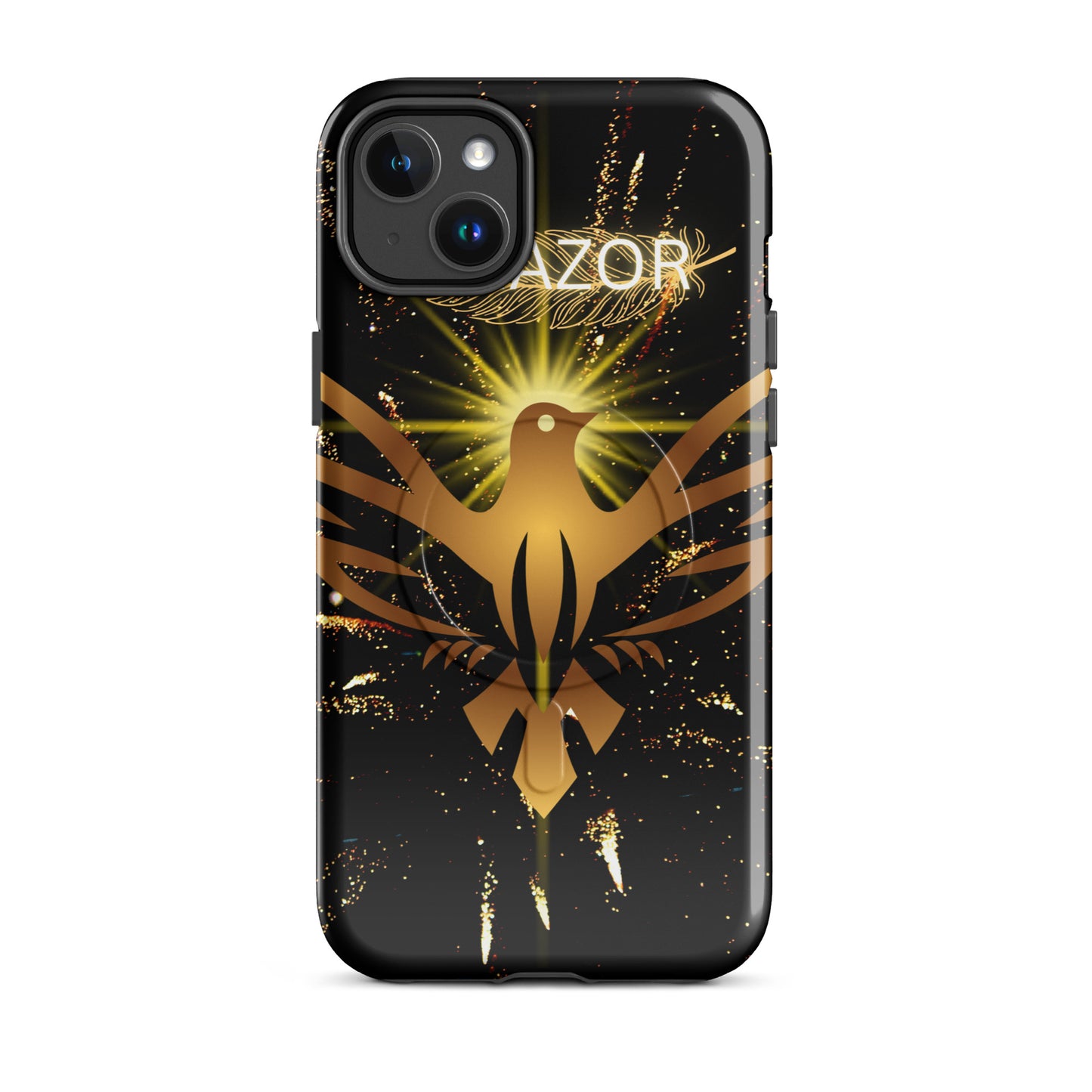Durable iPhone case with MagSafe compatibility by PJ Designs featuring golden phoenix artwork on black background
