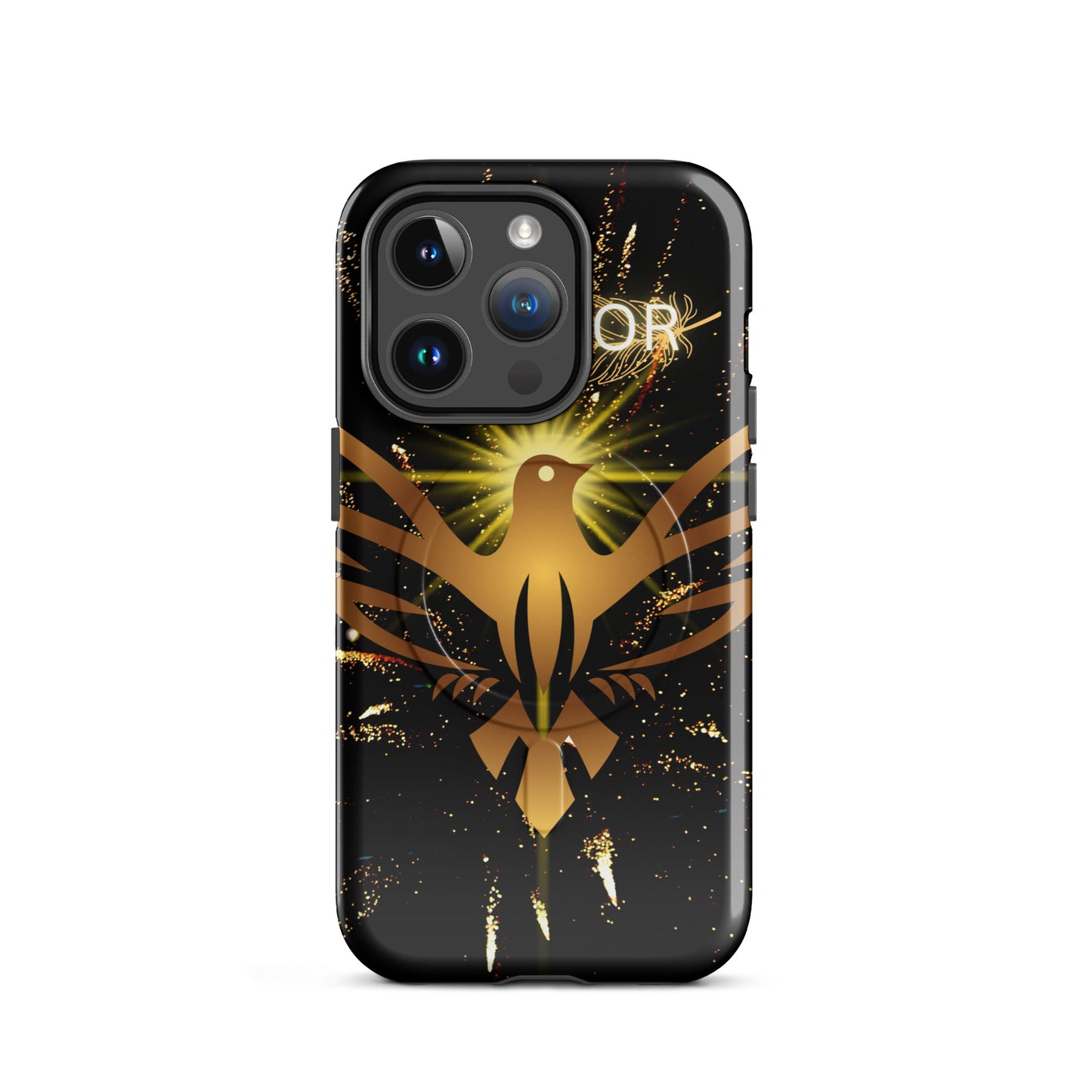 Durable iPhone case with MagSafe compatibility by PJ Designs featuring a gold phoenix on black background