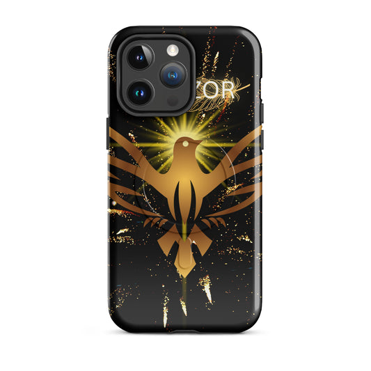 PJ Designs durable iPhone case with MagSafe compatibility featuring golden phoenix graphic on black background