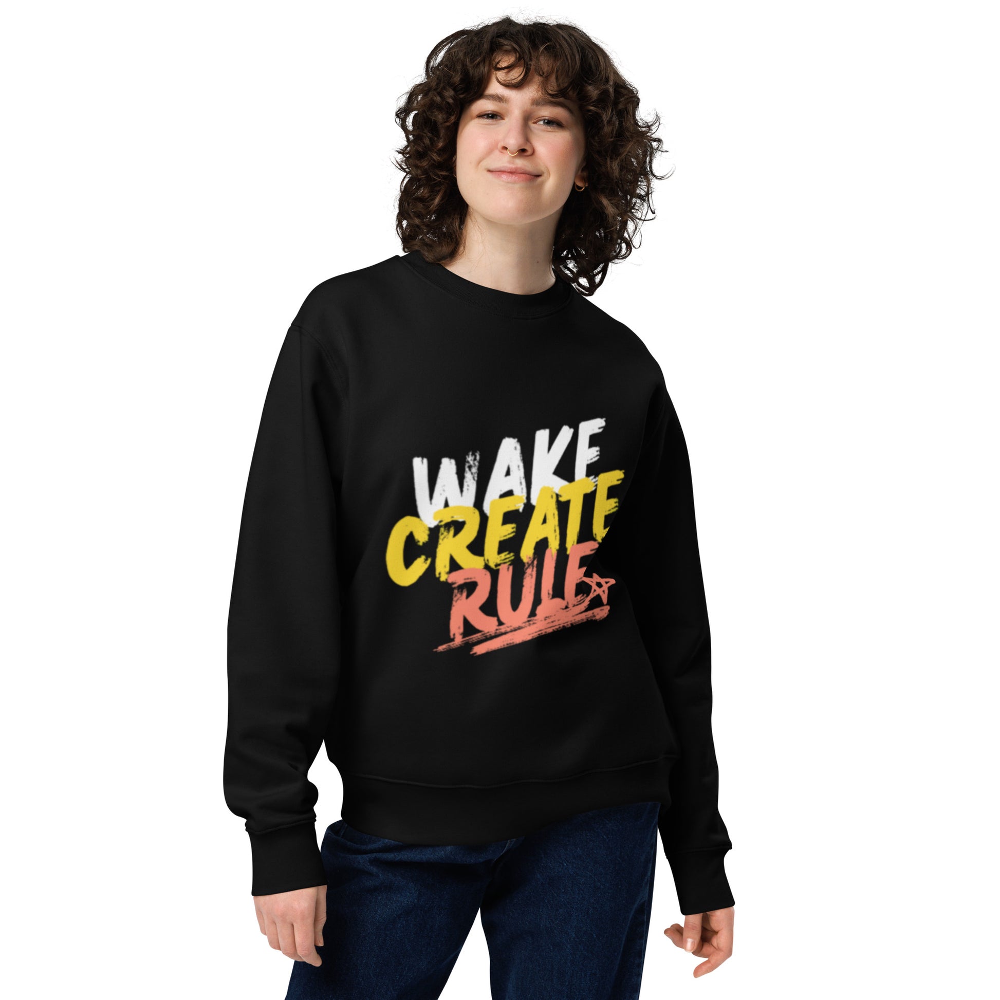 PJ Designs black unisex crewneck sweatshirt for men and women with colorful wake create rule graphic