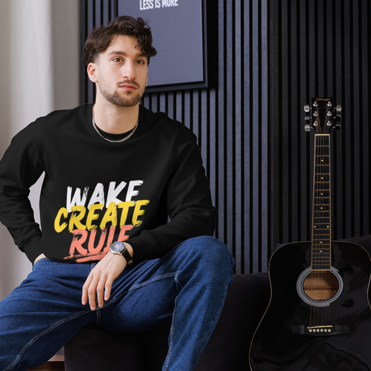 Black unisex crewneck sweatshirt for men and women with wake create rule graphic worn by man sitting near black guitar