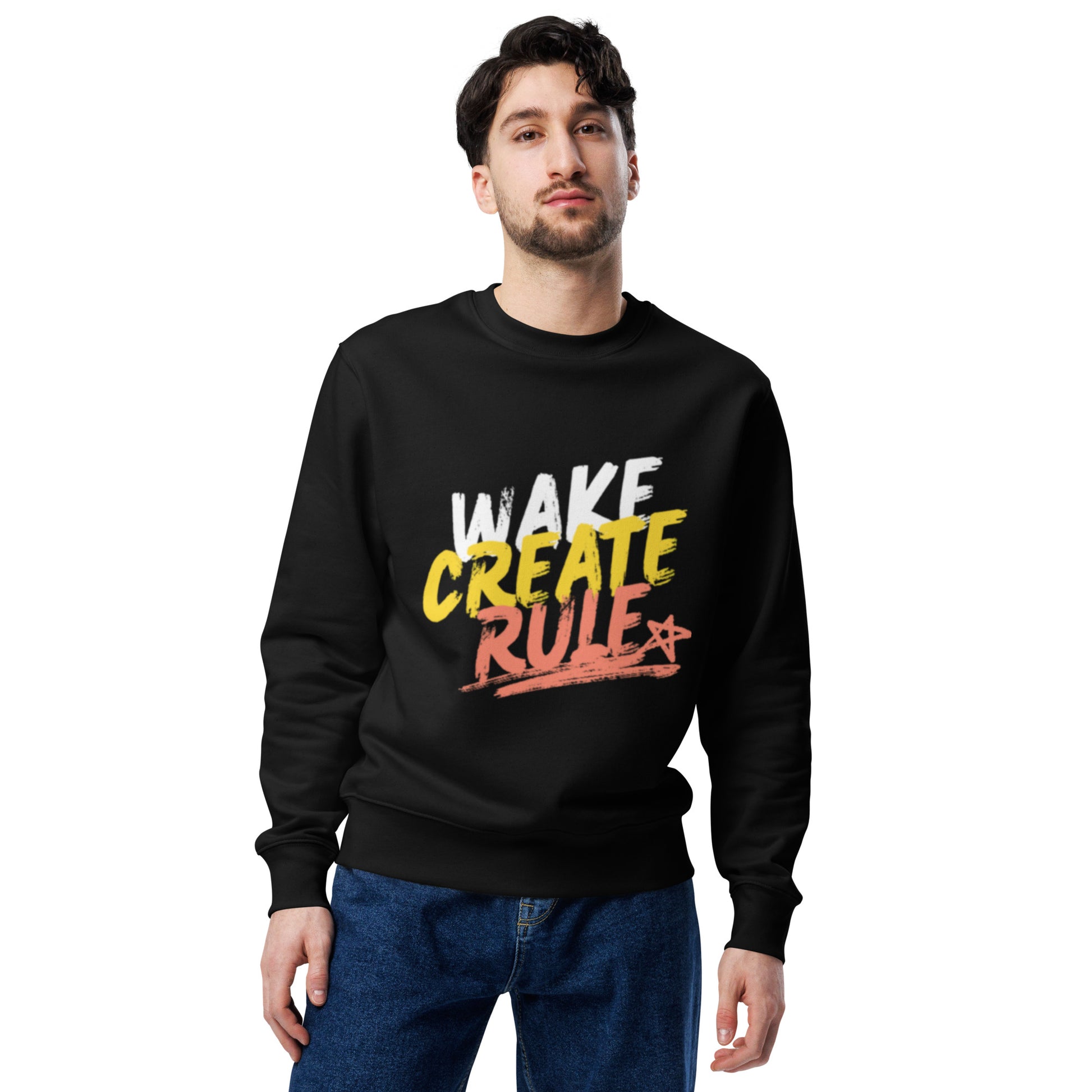 PJ Designs black unisex crewneck sweatshirt for men and women with wake create rule graphic