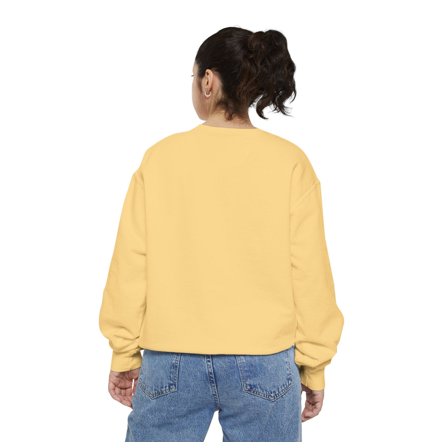 Printify unisex animal lover sweatshirt in pale yellow shown on model back view with relaxed fit and denim jeans