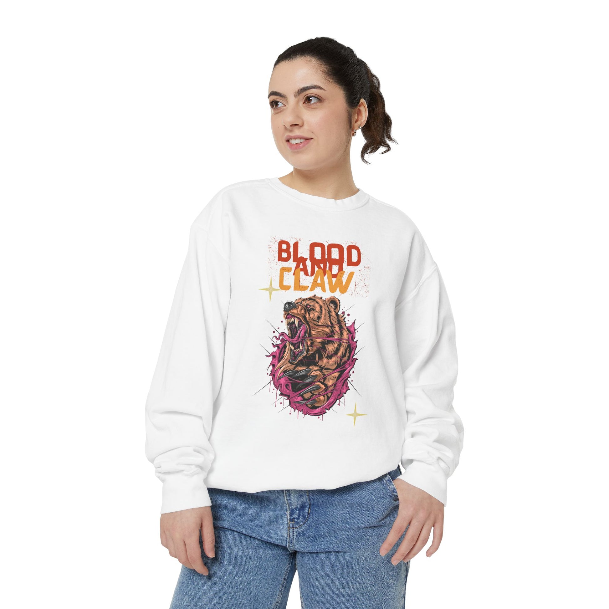 Printify unisex animal lover sweatshirt white crewneck with Blood Claw graphic showing clawed heart illustration