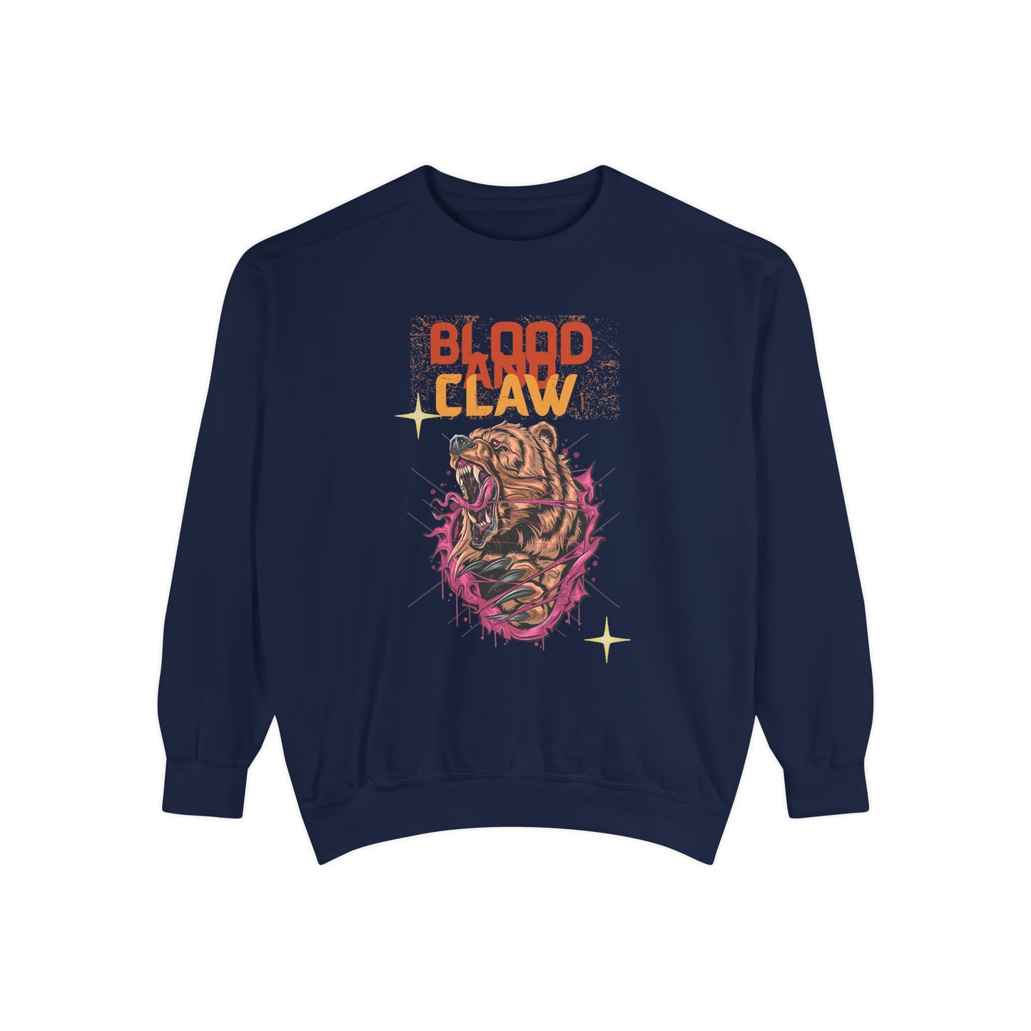 Printify navy crewneck with Blood Claw roaring tiger graphic and distressed text unisex animal lover sweatshirt for fans