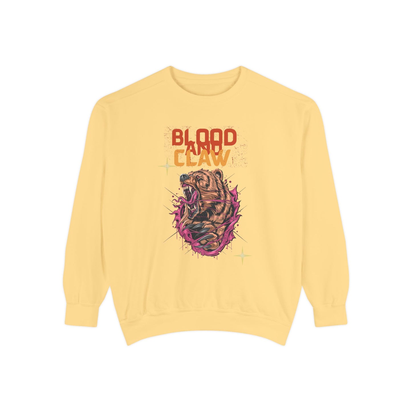 Yellow Printify unisex animal lover sweatshirt crewneck with Blood and Claw roaring tiger graphic