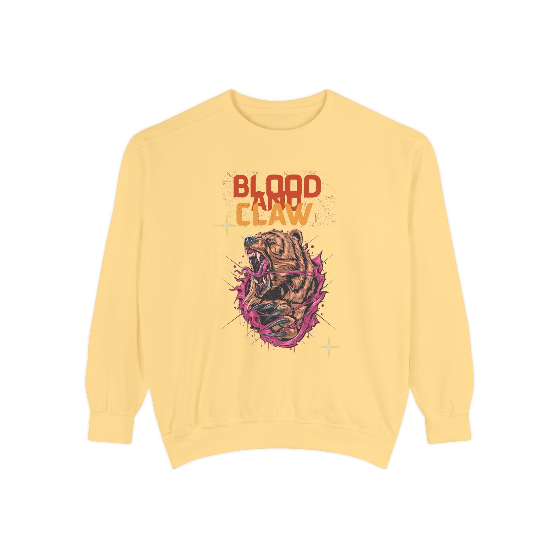 Yellow Printify unisex animal lover sweatshirt crewneck with Blood and Claw roaring tiger graphic