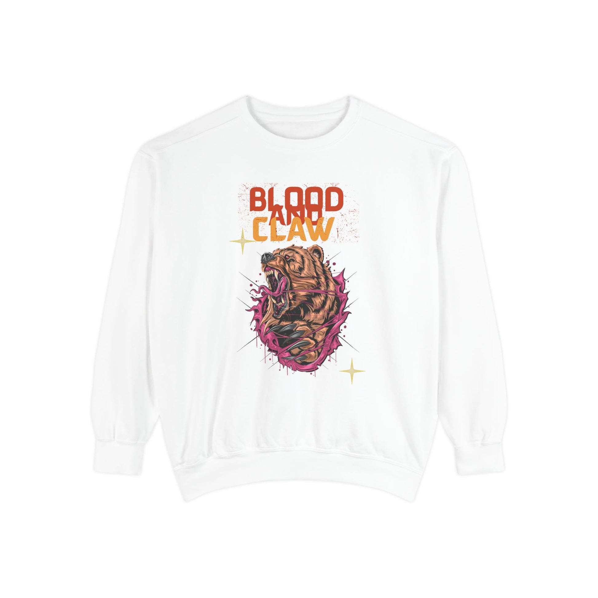 Printify white unisex animal lover sweatshirt with Blood and Claw roaring animal chest graphic