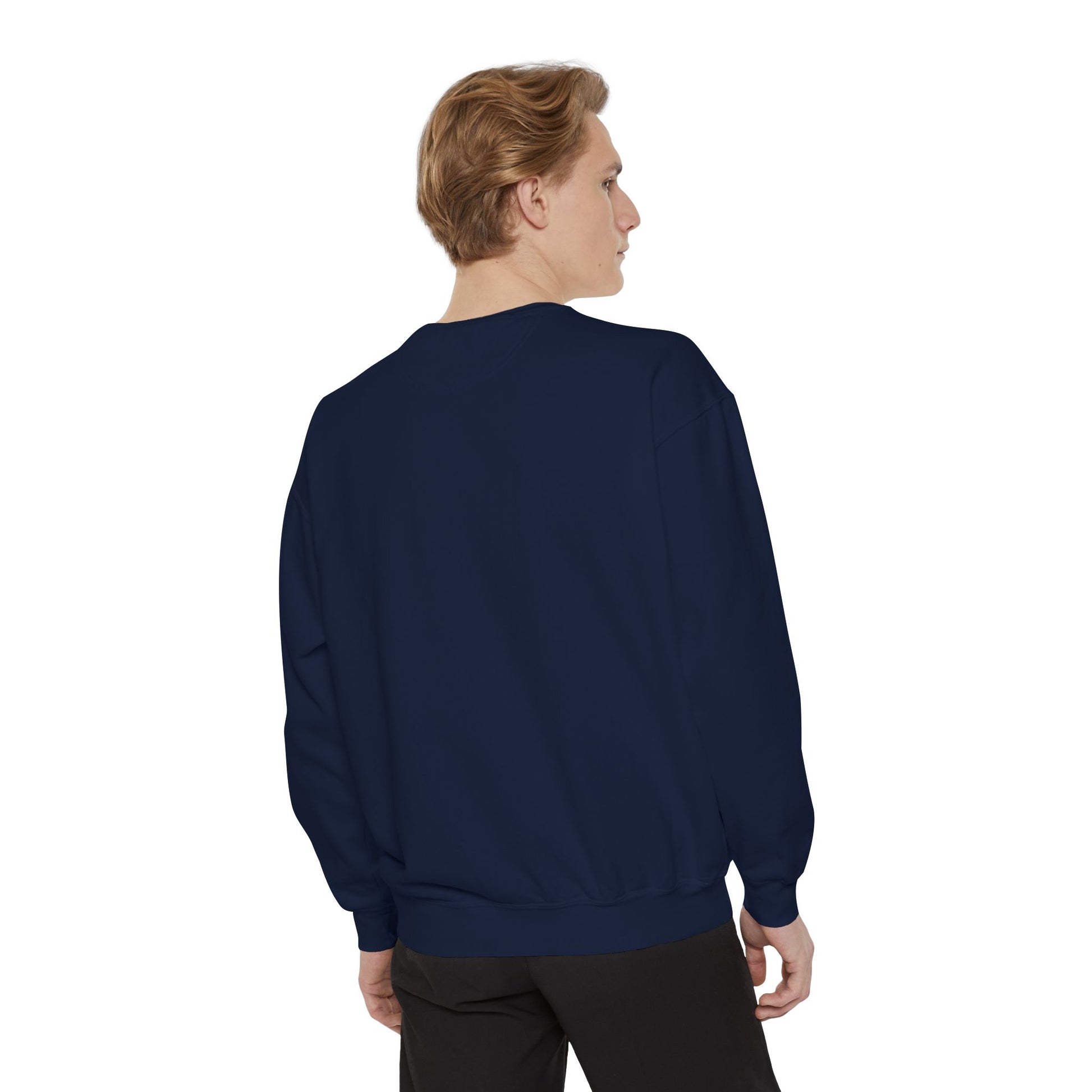Printify navy crewneck unisex animal lover sweatshirt on male model back view with ribbed cuffs and hem