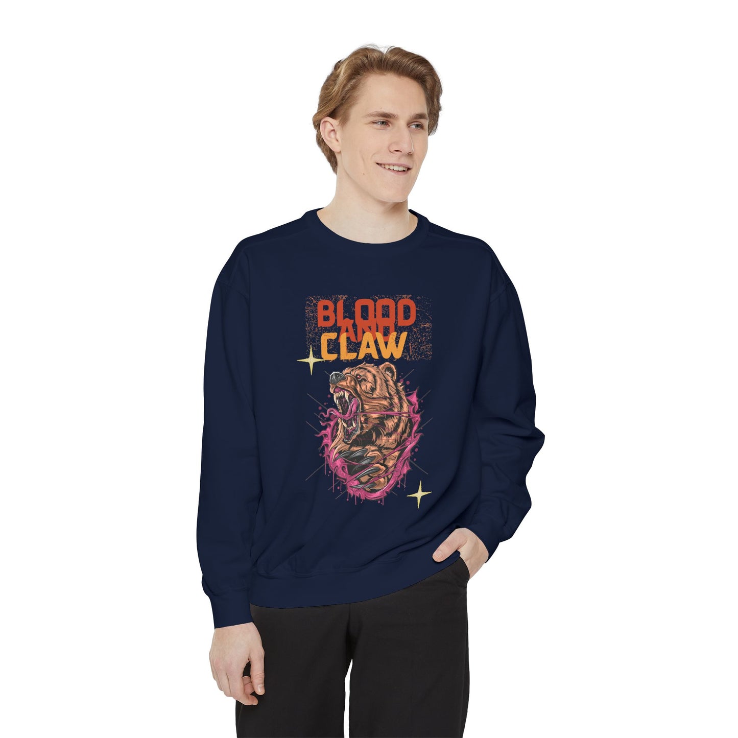 Printify unisex animal lover sweatshirt navy crewneck with Blood Claw roaring tiger claw graphic and pink accents