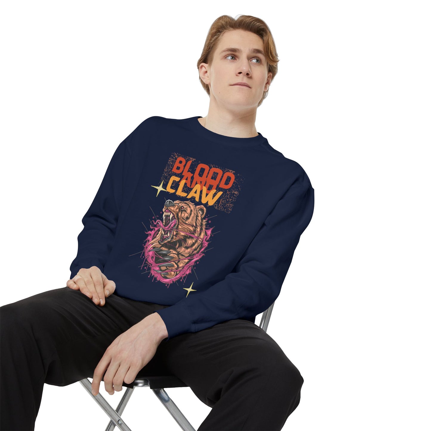 unisex animal lover sweatshirt navy Printify crewneck with Blood Claw roaring big cat graphic