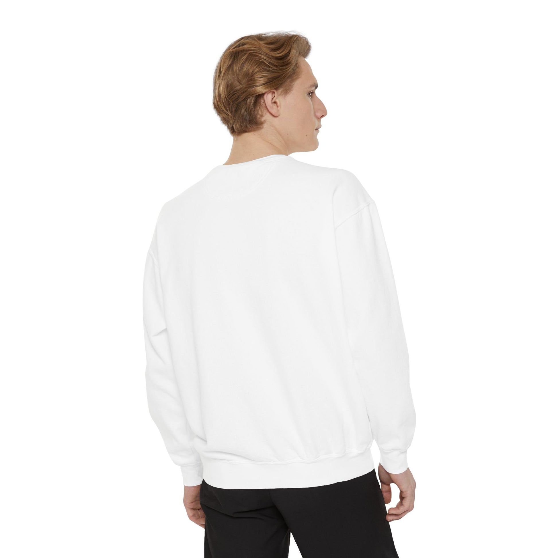 Printify unisex animal lover sweatshirt plain white crewneck back view on male model