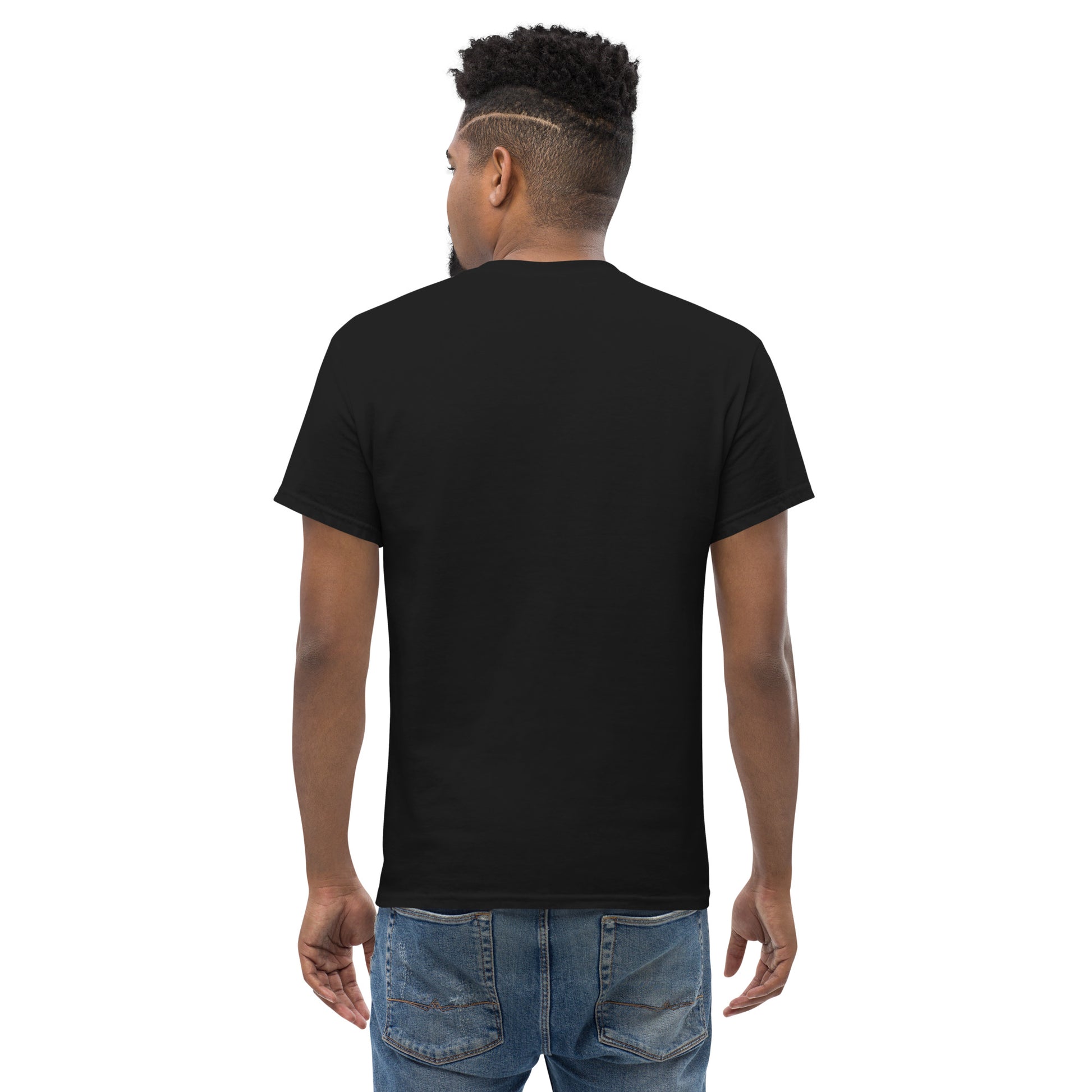 PJ Designs back view of black t shirt on male model showing fit and seams tiger graphic tee for men and women