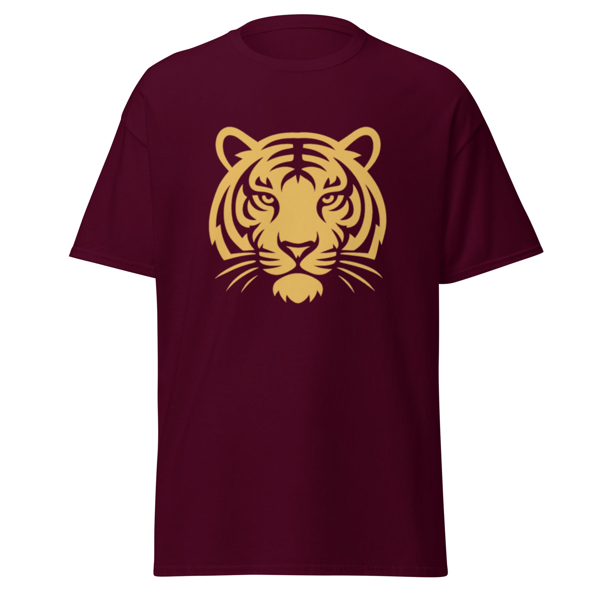 PJ Designs maroon t shirt with gold stylized tiger face print tiger graphic tee for men and women