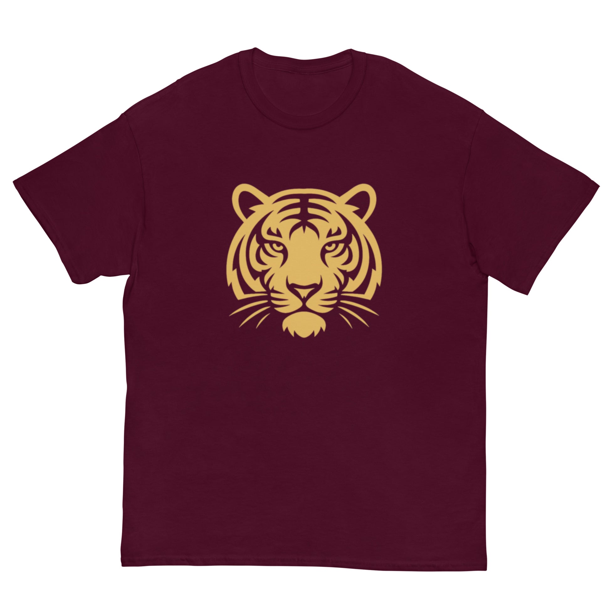 PJ Designs maroon cotton t shirt with bold gold tiger head print tiger graphic tee for men and women