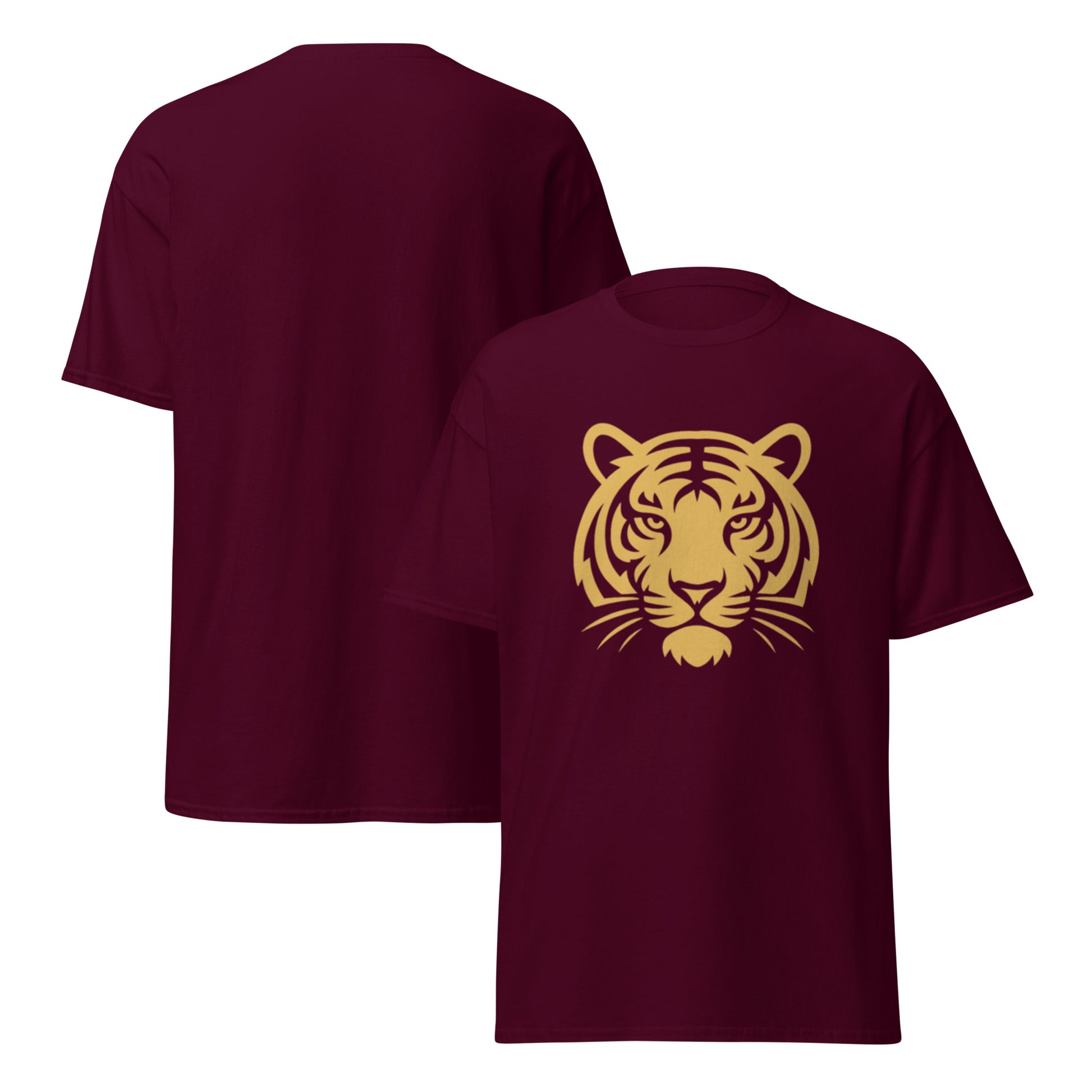 PJ Designs maroon tee with gold tiger head print shown front and back tiger graphic tee for men and women