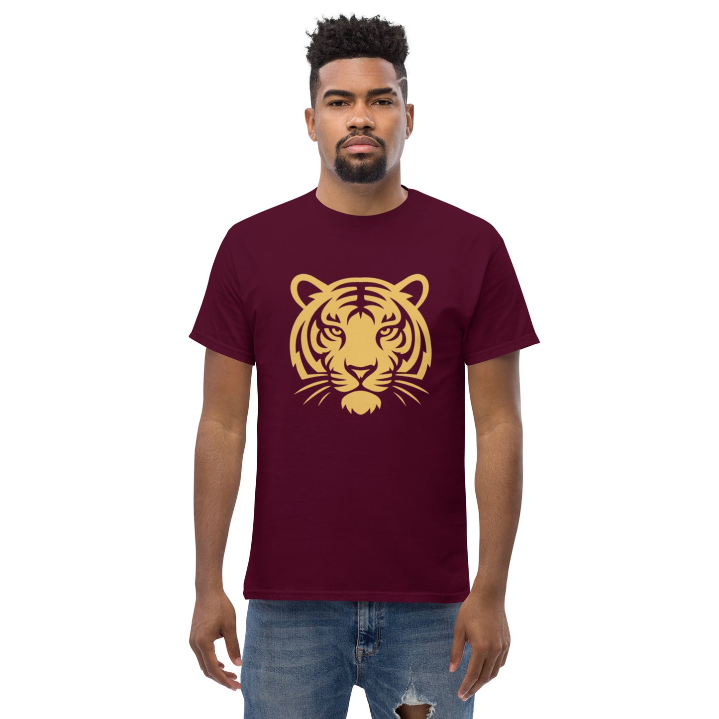 PJ Designs maroon cotton t shirt with gold tiger face print worn by male model tiger graphic tee for men and women