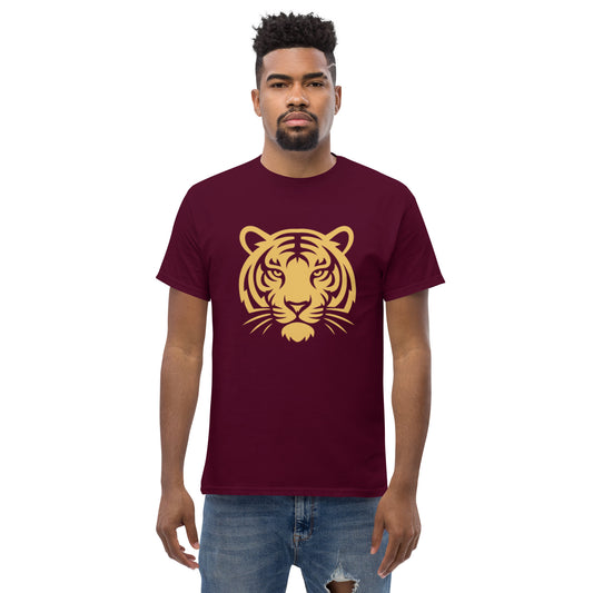 PJ Designs maroon cotton t shirt with gold tiger face print worn by male model tiger graphic tee for men and women