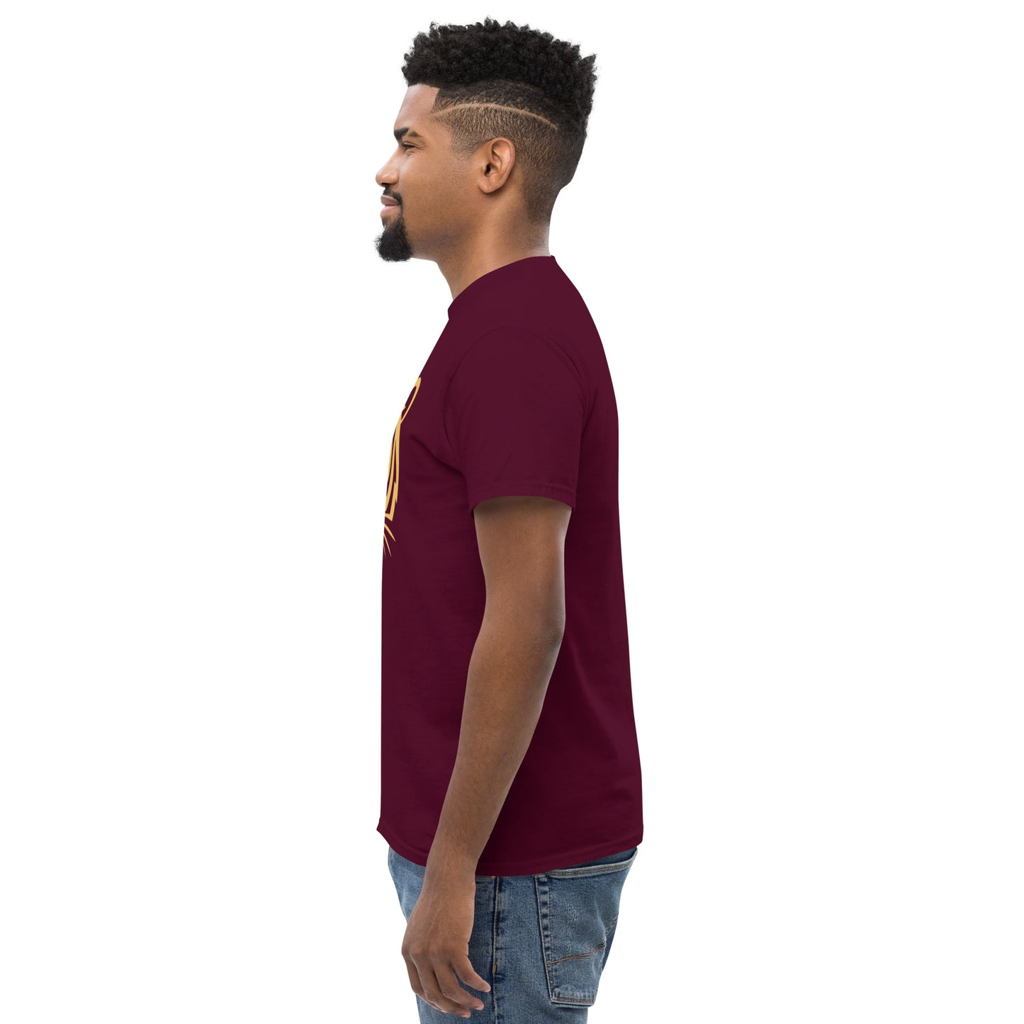 PJ Designs maroon side view model wearing tiger graphic tee for men and women in casual jeans profile pose