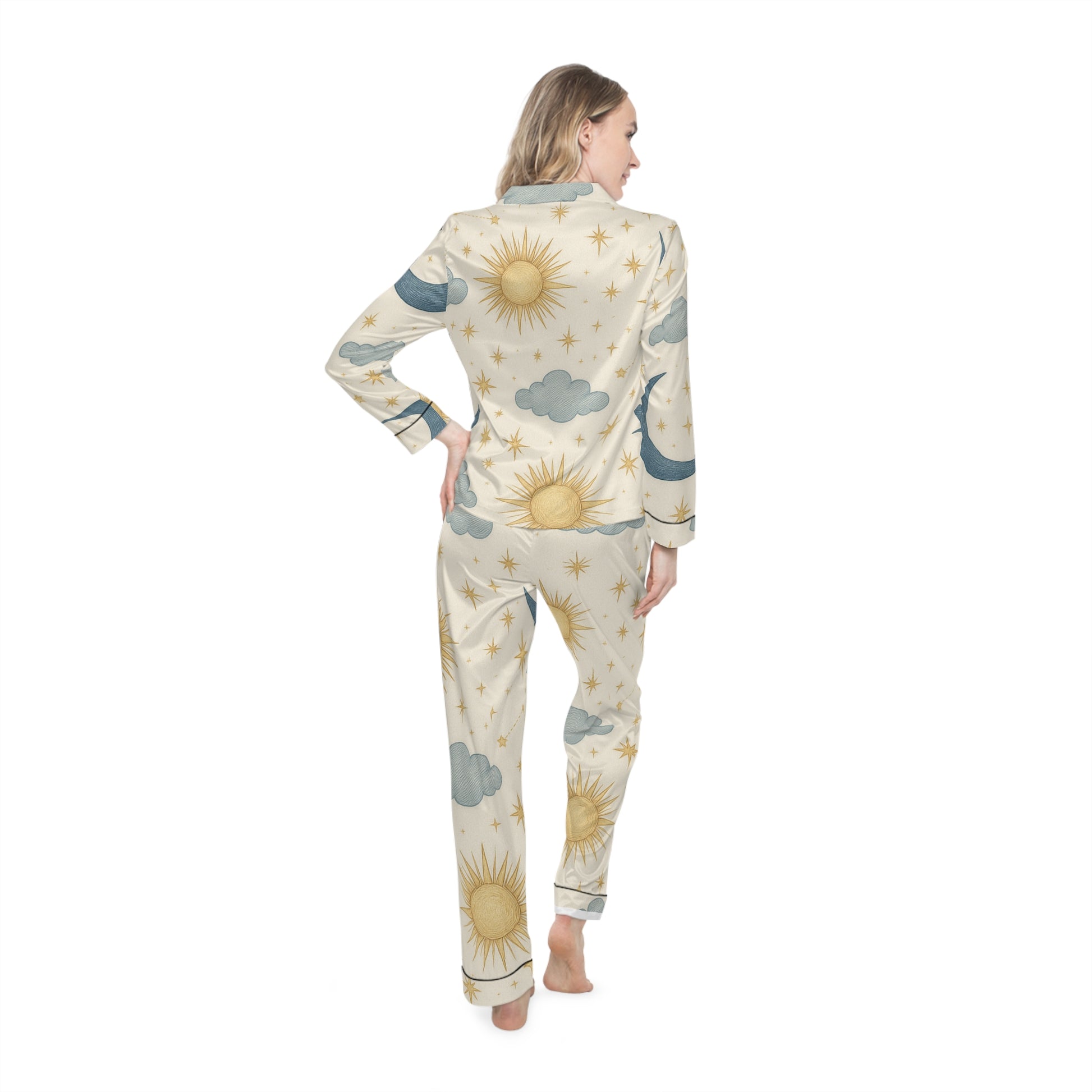 Back view of women's satin pajamas set by PJ Designs with sun, moon, and cloud all over prints