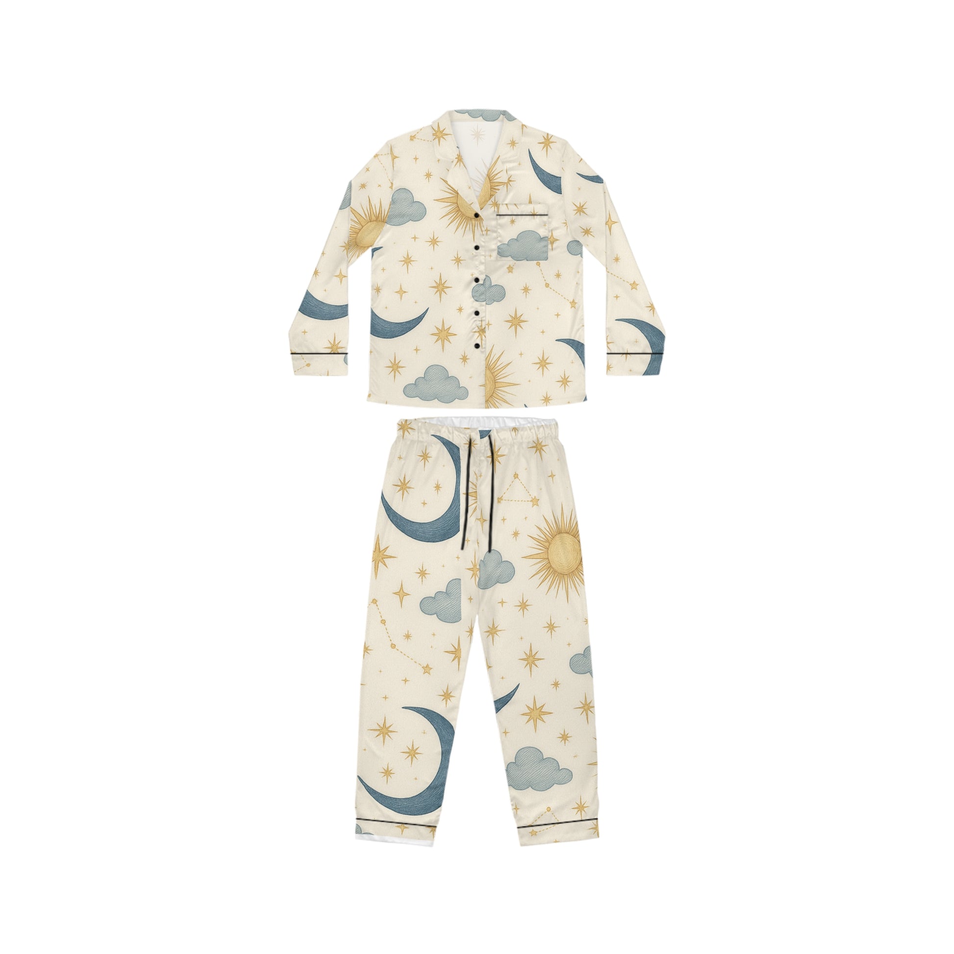 PJ Designs women's satin pajamas set with all over prints of moons suns and clouds in cream tones
